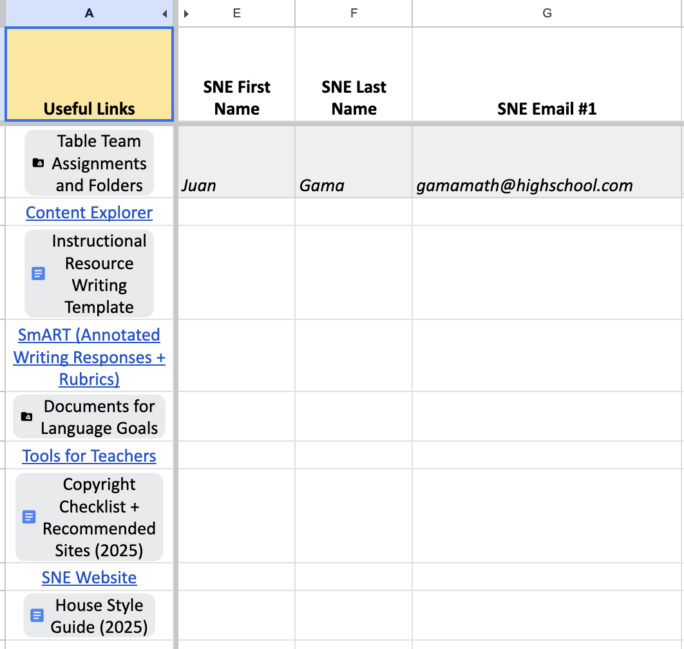 screenshot of sheet with table assignments